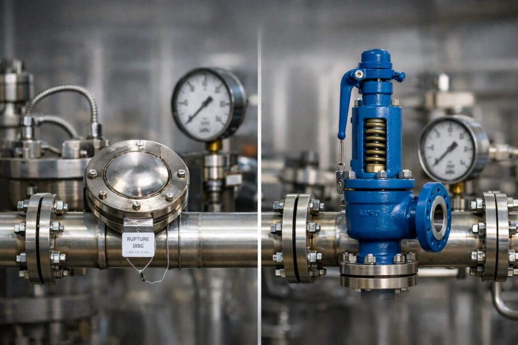 Confronto tecnico tra valvola di sicurezza e disco di rottura su impianto industriale pressurizzato