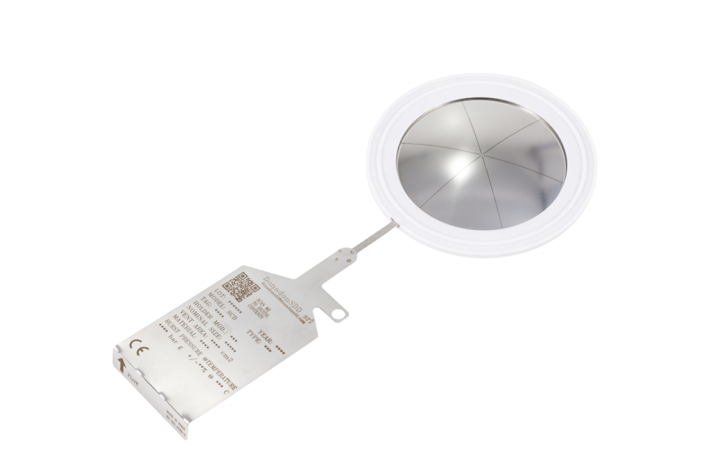 Disco di rottura per impianto farmaceutico con attacco sanitario e rivestimento PTFE.